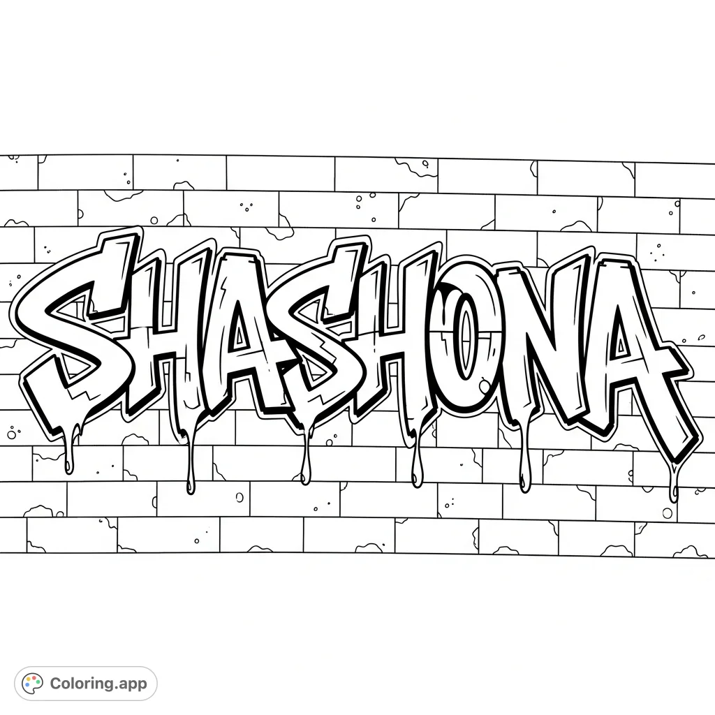 Color the personalized 'Shashona' graffiti art on a detailed brick wall. Explore urban style with intricate letters and textured surfaces.