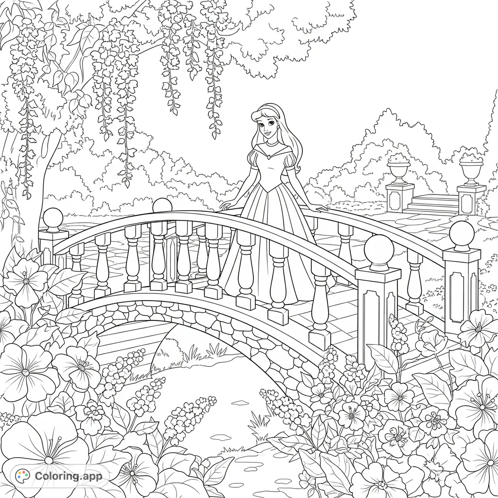 Color a beautiful princess on a decorative bridge, surrounded by abundant flowers and lush foliage in a magical fantasy garden. Perfect for all ages!