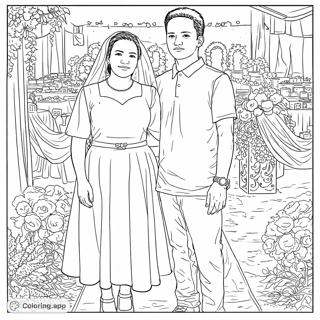 Capture the joy of a special occasion with this elegant couple. A detailed coloring page featuring a bride and groom in a beautifully decorated setting.