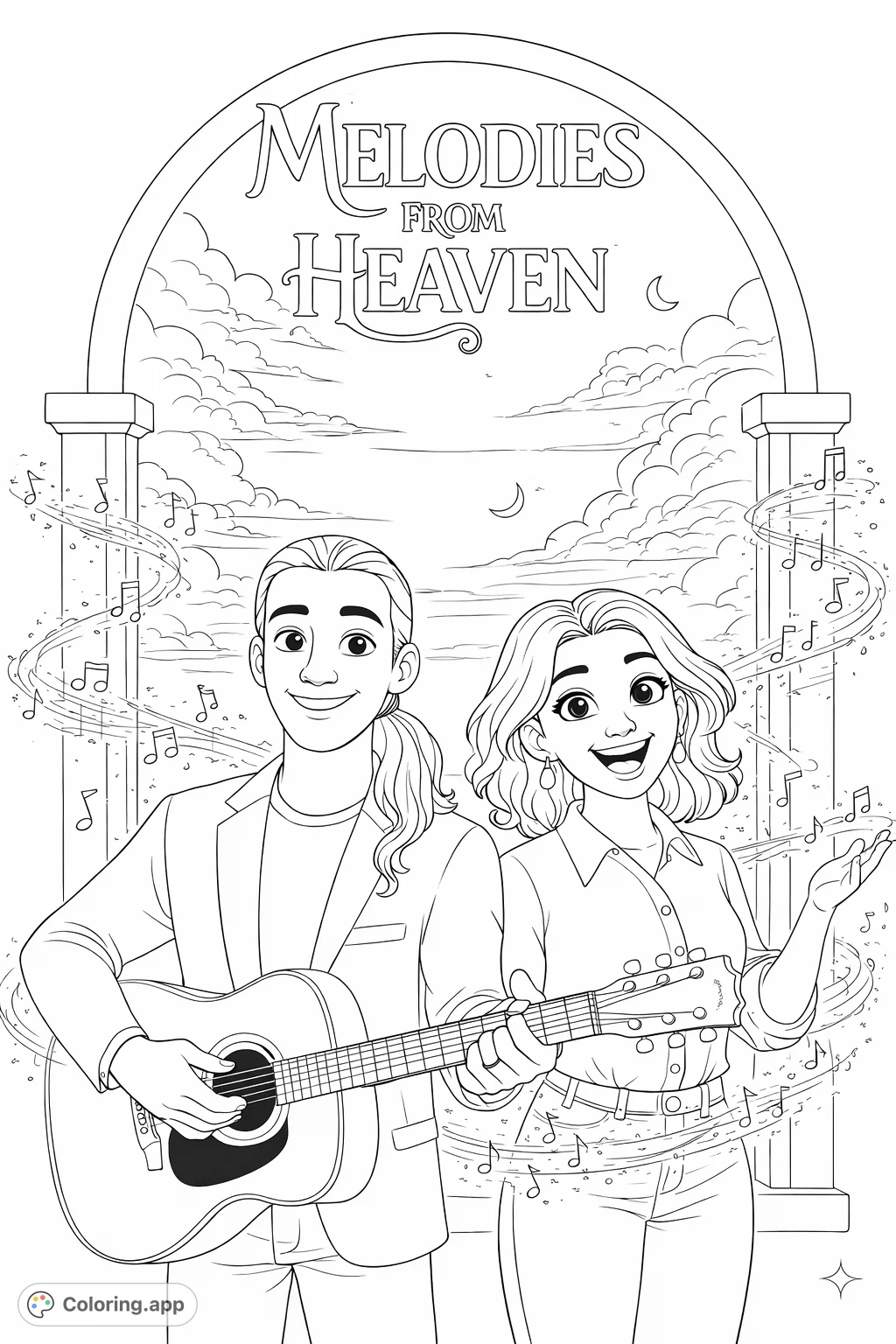 A delightful coloring page featuring a musical duo performing under a grand archway with a celestial sky and swirling musical notes.