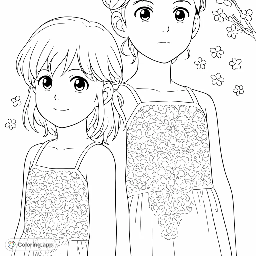 Two charming girls in beautifully patterned lace dresses, standing together. A serene portrait with delicate floral accents, perfect for imaginative coloring.