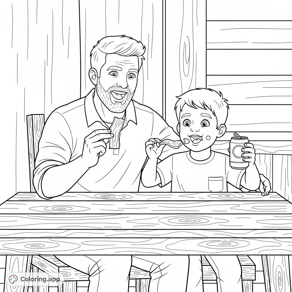A heartwarming dad and older son coloring page. They are excitedly eating jerky and drinking soda at a rustic cabin table.