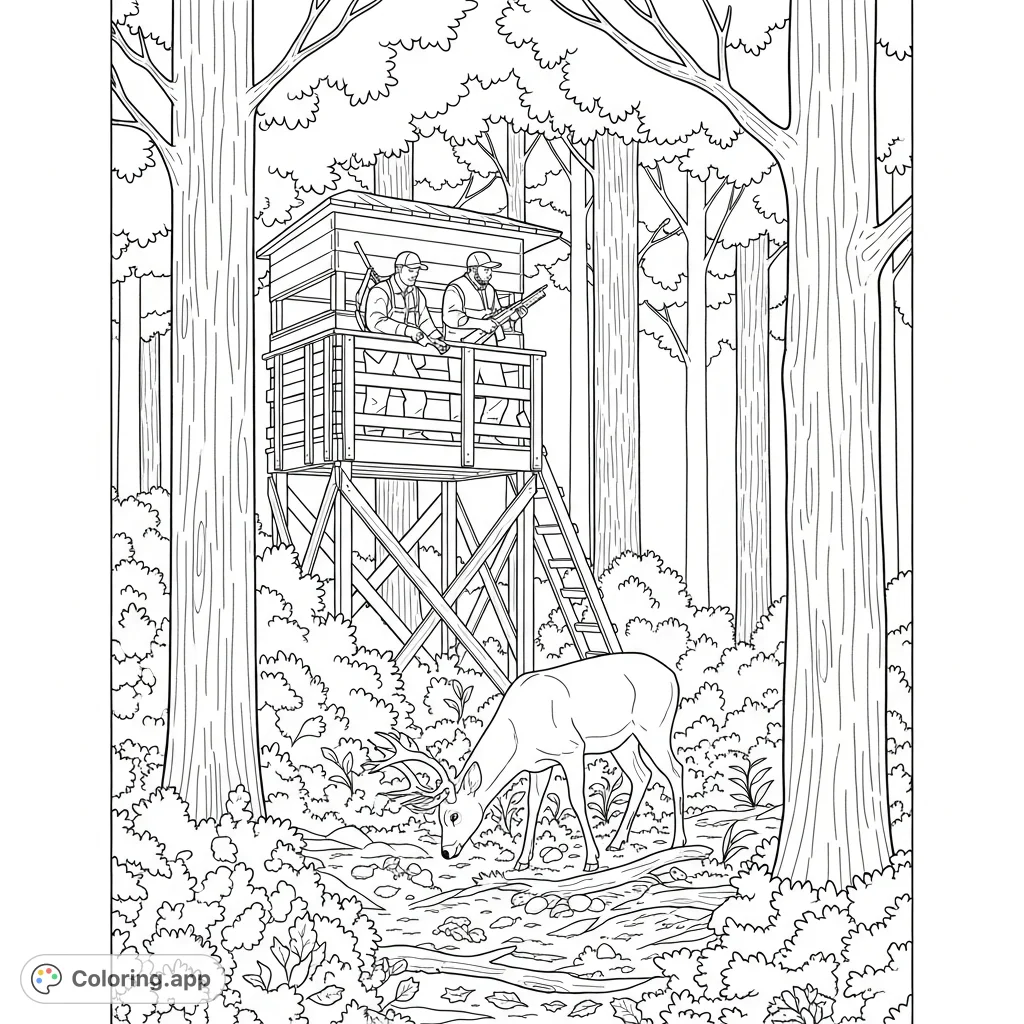 Experience the tranquility of a forest sunrise with hunters in their stand and a deer grazing nearby. A captivating scene for nature enthusiasts.