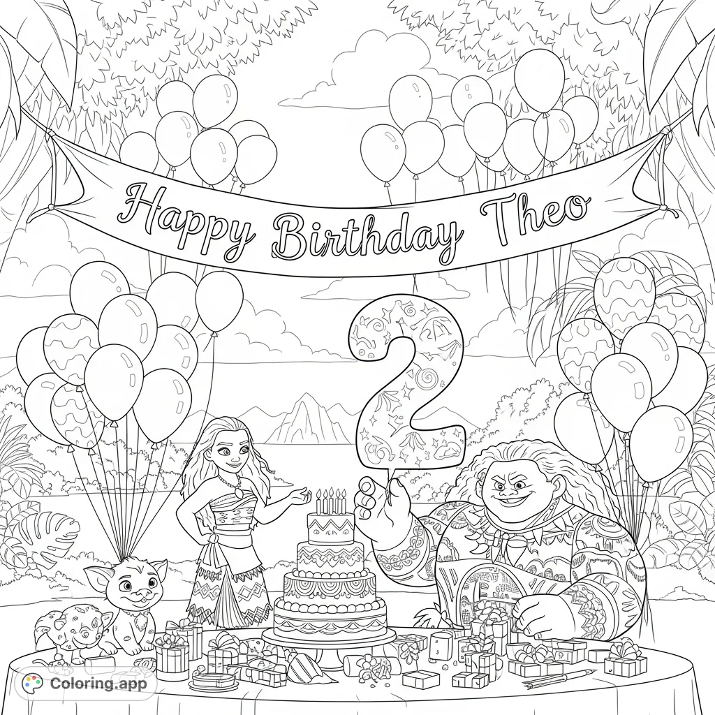 Celebrate with Moana, Maui, Pua, and Heihei around a festive table, complete with a multi-tiered cake, balloons, gifts, and a personalized banner!