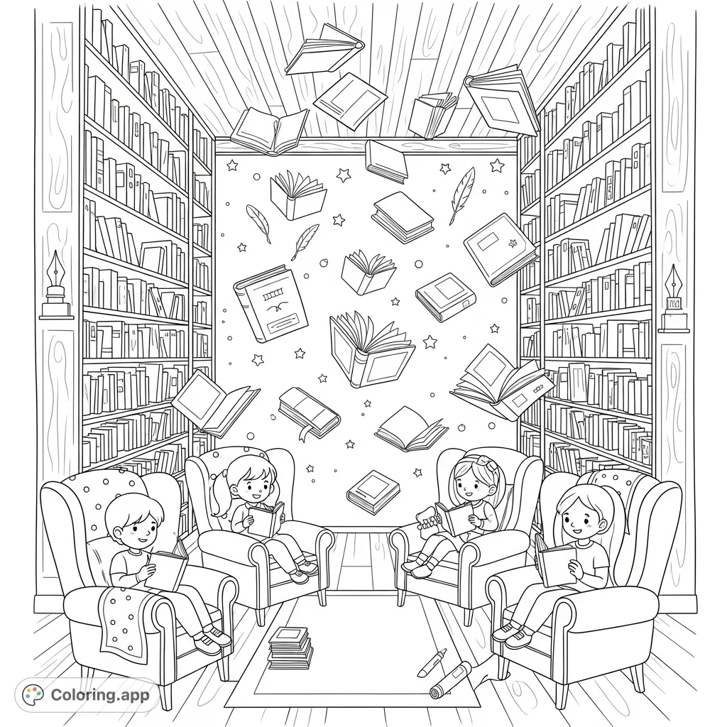 Explore a magical library coloring page featuring towering bookshelves, floating books, and children engrossed in reading in cozy armchairs. Inspiring and detailed.