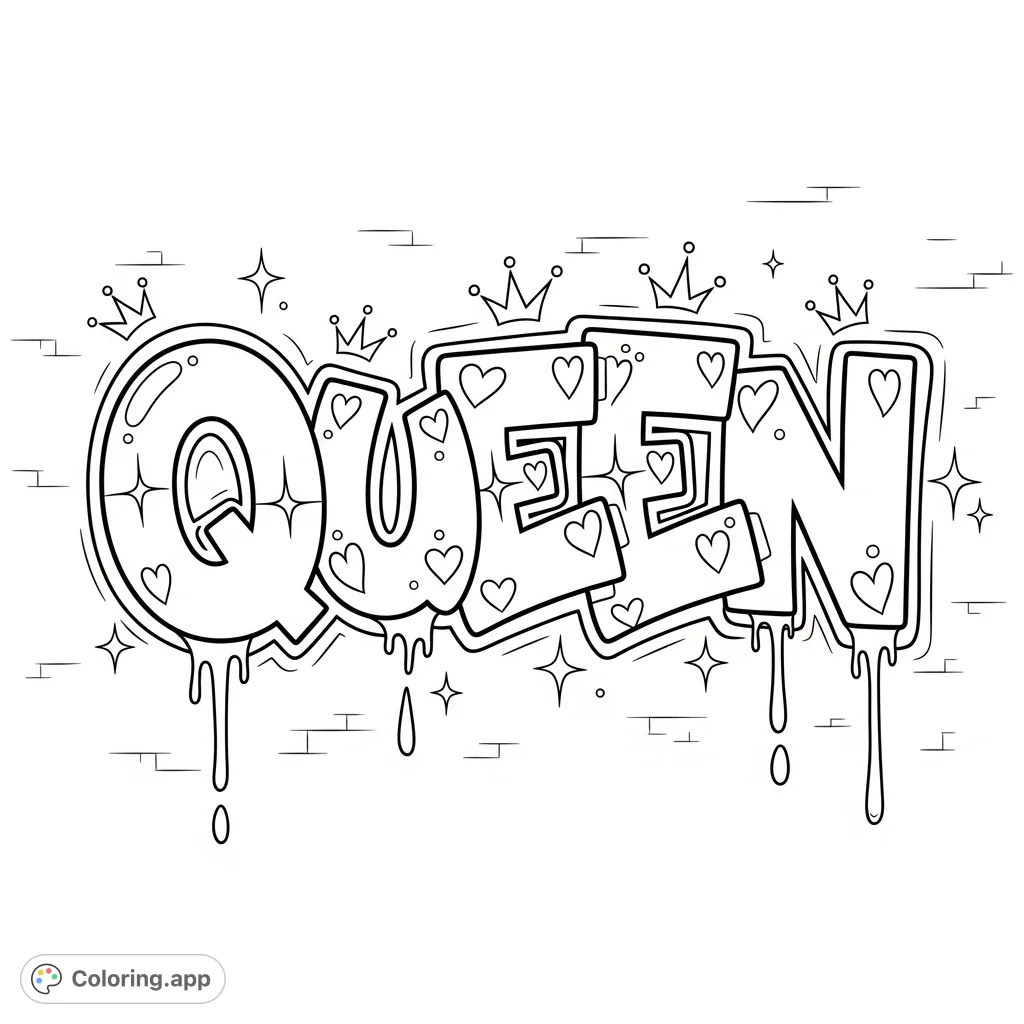 Capture urban artistry with this dynamic "Queen" graffiti coloring page. Features bold bubble letters, sharp angles, paint drips, and crown motifs on a textured wall.