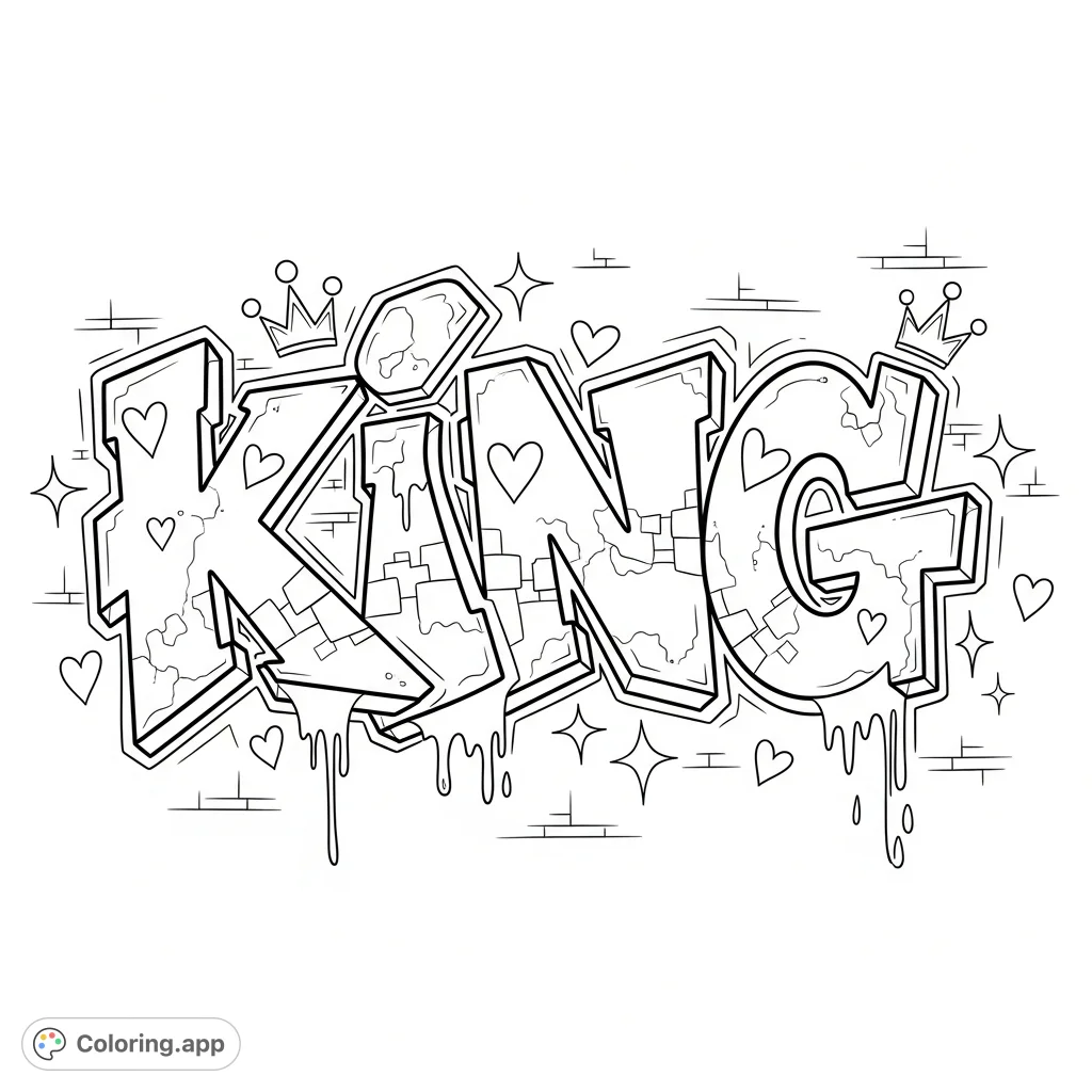 Experience the vibrant energy of street art with this "Queen" graffiti coloring page. Features bold bubble letters, drips, starbursts, and crown motifs on a textured urban wall.