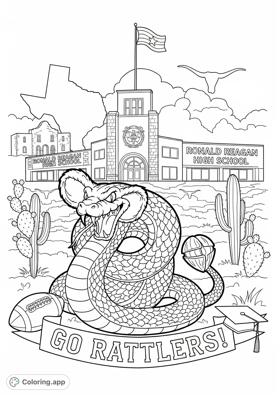 Dynamic Rowdy the Rattler coloring page featuring Ronald Reagan High School, Texas landmarks, and school spirit. Perfect for fans and students!