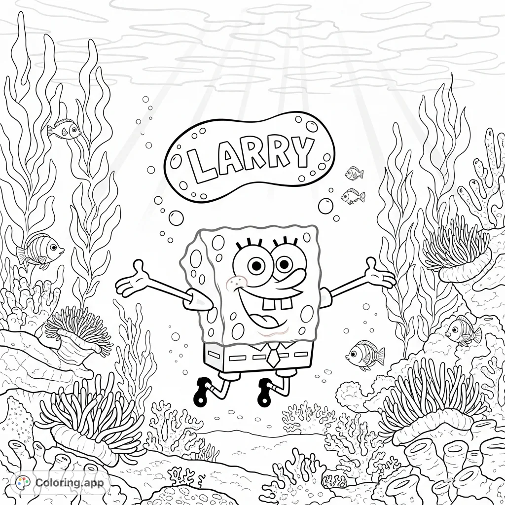 SpongeBob joyfully swims through a detailed coral reef, arms outstretched. A bubbly 'Larry' banner floats above, surrounded by diverse marine life.