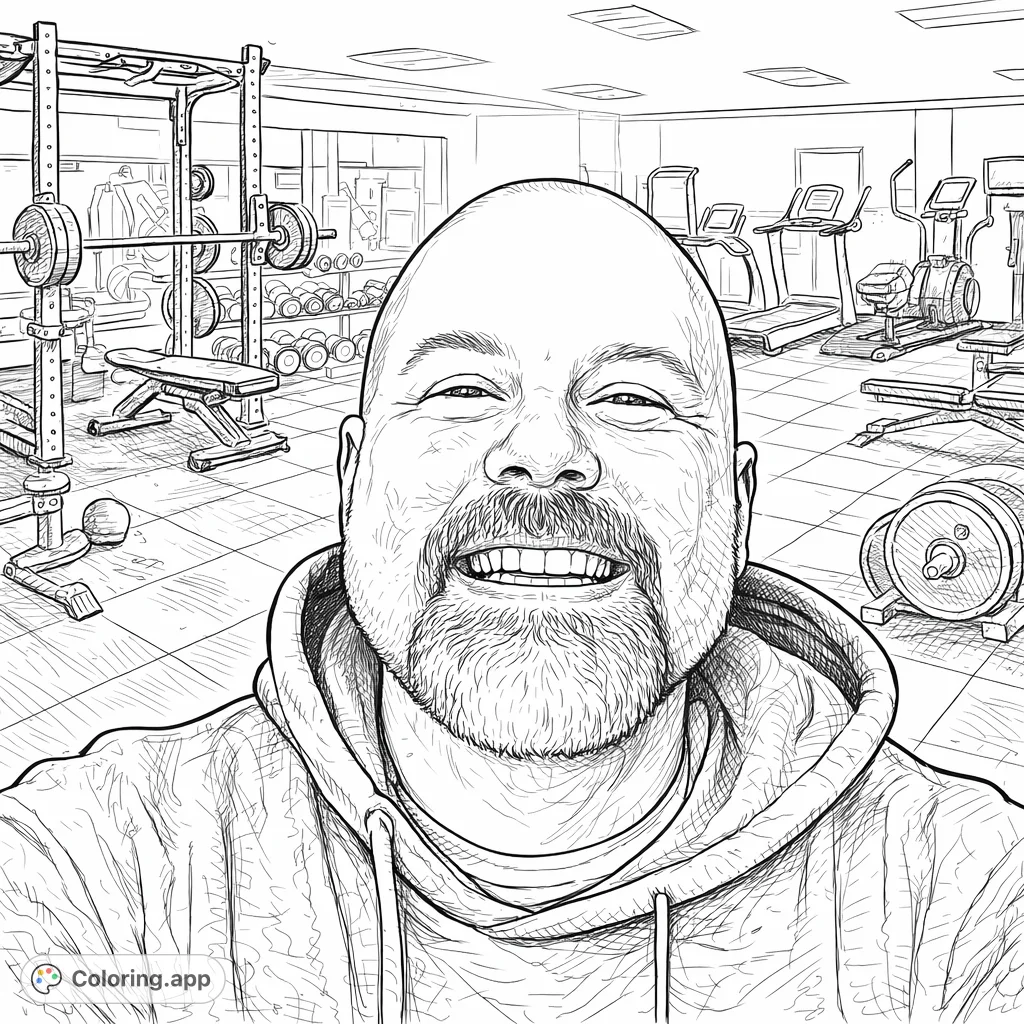 A highly detailed man coloring page featuring a smiling man with a textured beard and festive holiday stockings. This free printable coloring page is perfect for adults.