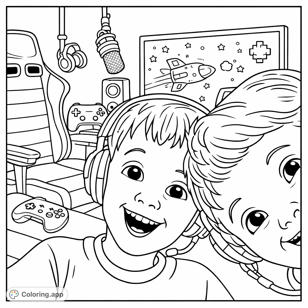 Capture the excitement of a gaming session with two cheerful friends surrounded by gaming gear. Perfect for young tech enthusiasts and casual players.