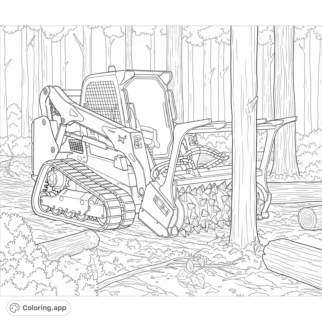 Experience the power of a skid steer with a mulching head transforming a dense forest. A dynamic scene perfect for heavy equipment enthusiasts.