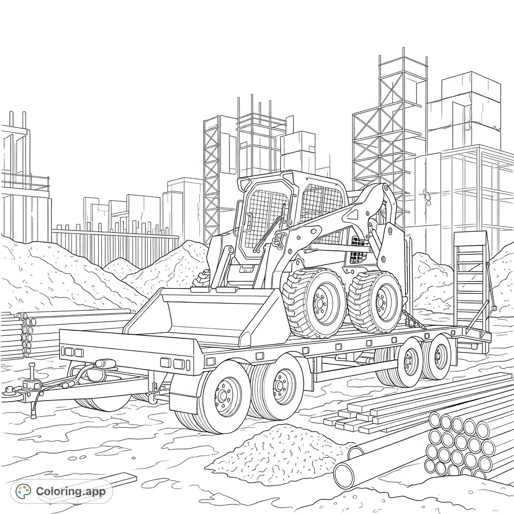 Explore a dynamic construction site coloring page featuring a detailed skid steer loader on a trailer amidst building materials and rising structures.