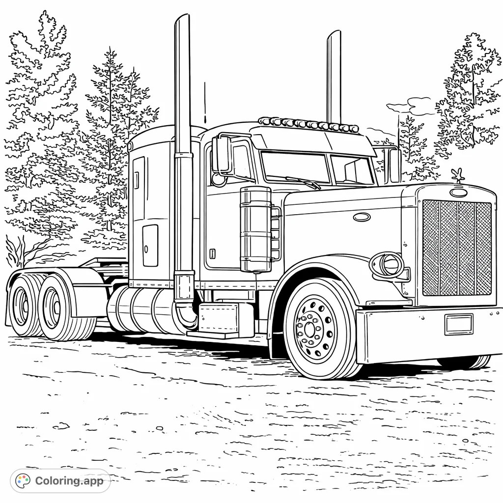 Color a detailed classic semi-truck with impressive chrome details, intricate grille, and powerful structure. A perfect challenge for vehicle enthusiasts.