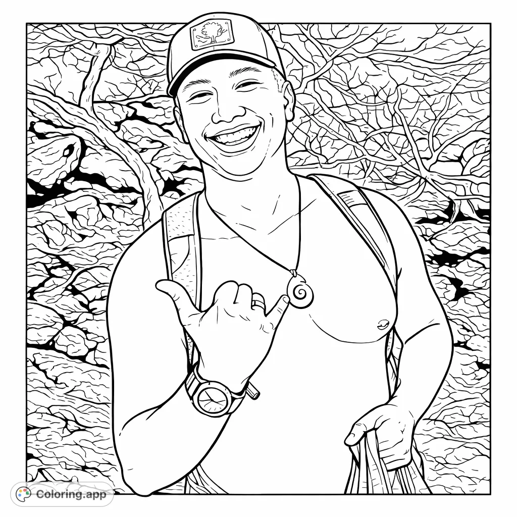 Capture the spirit of adventure with this smiling hiker on a rugged trail. Features a cap, backpack, and unique pendant amidst a natural, rocky landscape.