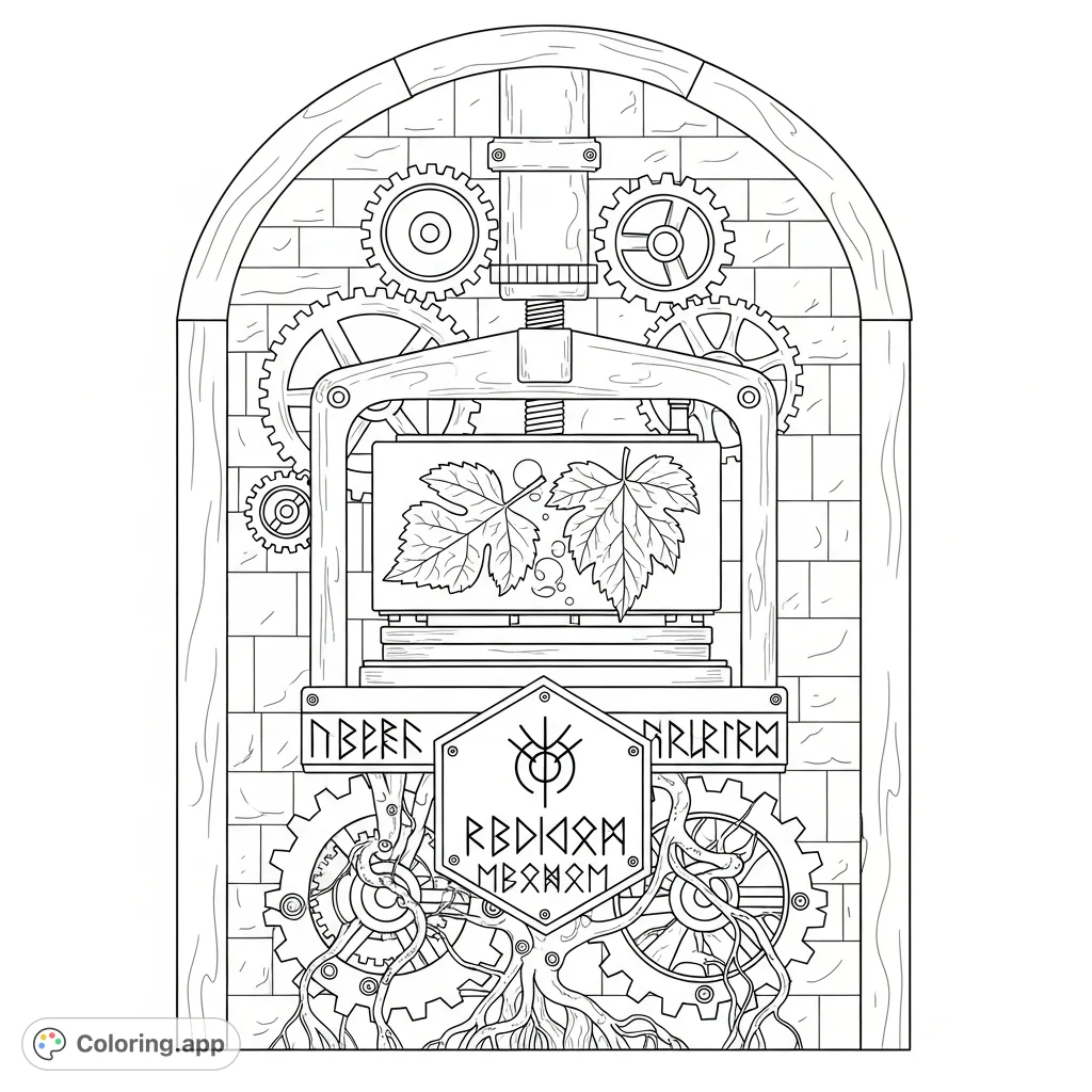 Explore an intricate mechanical herbarium machine mounted on a wall, featuring gears, pressing plates, botanical specimens, and mysterious runic markings.