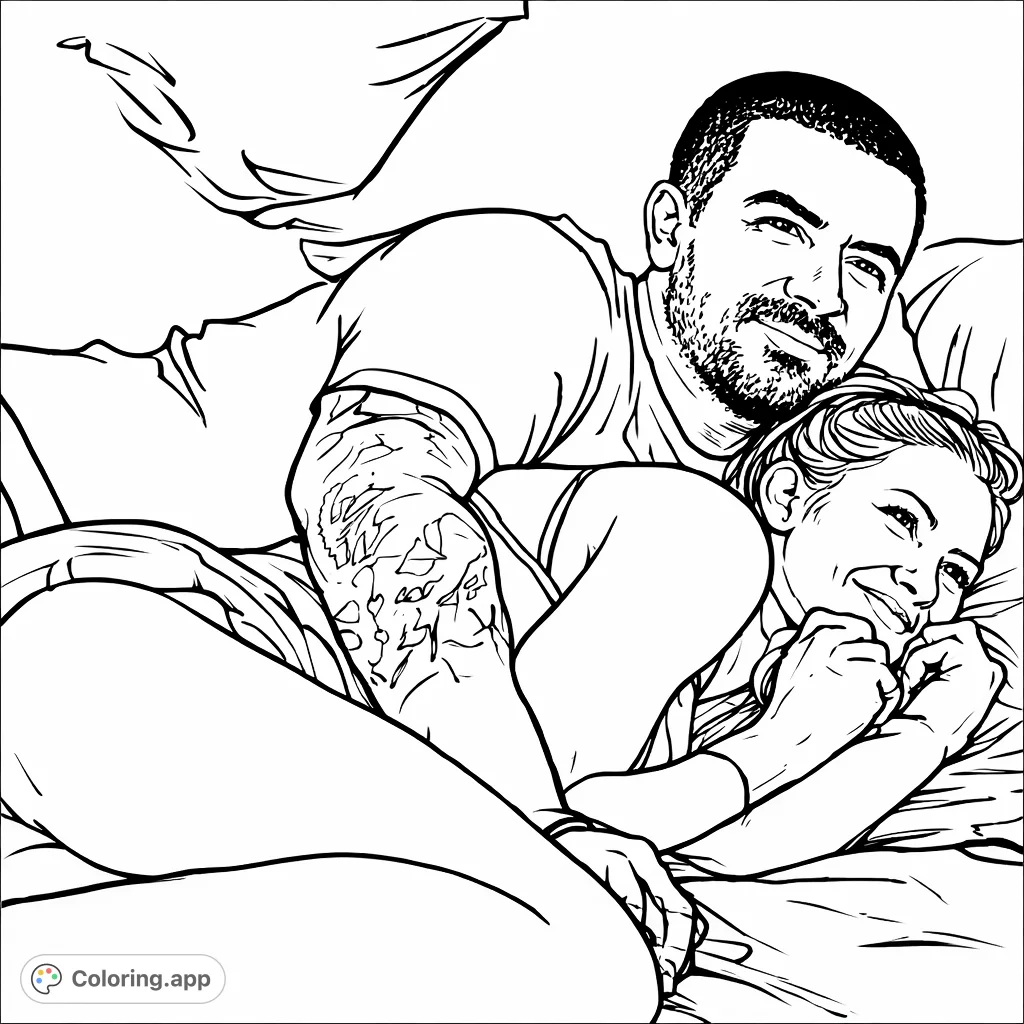An intimate scene of a couple in a cozy embrace in bed, perfect for adult coloring. Explore human connection and emotion with this romantic design.