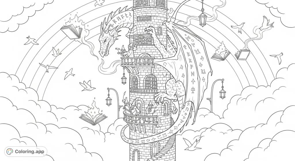 An enchanting floating library guarded by a magnificent dragon with rune-covered scales, featuring tiny wizards, glowing books, and a majestic rainbow.