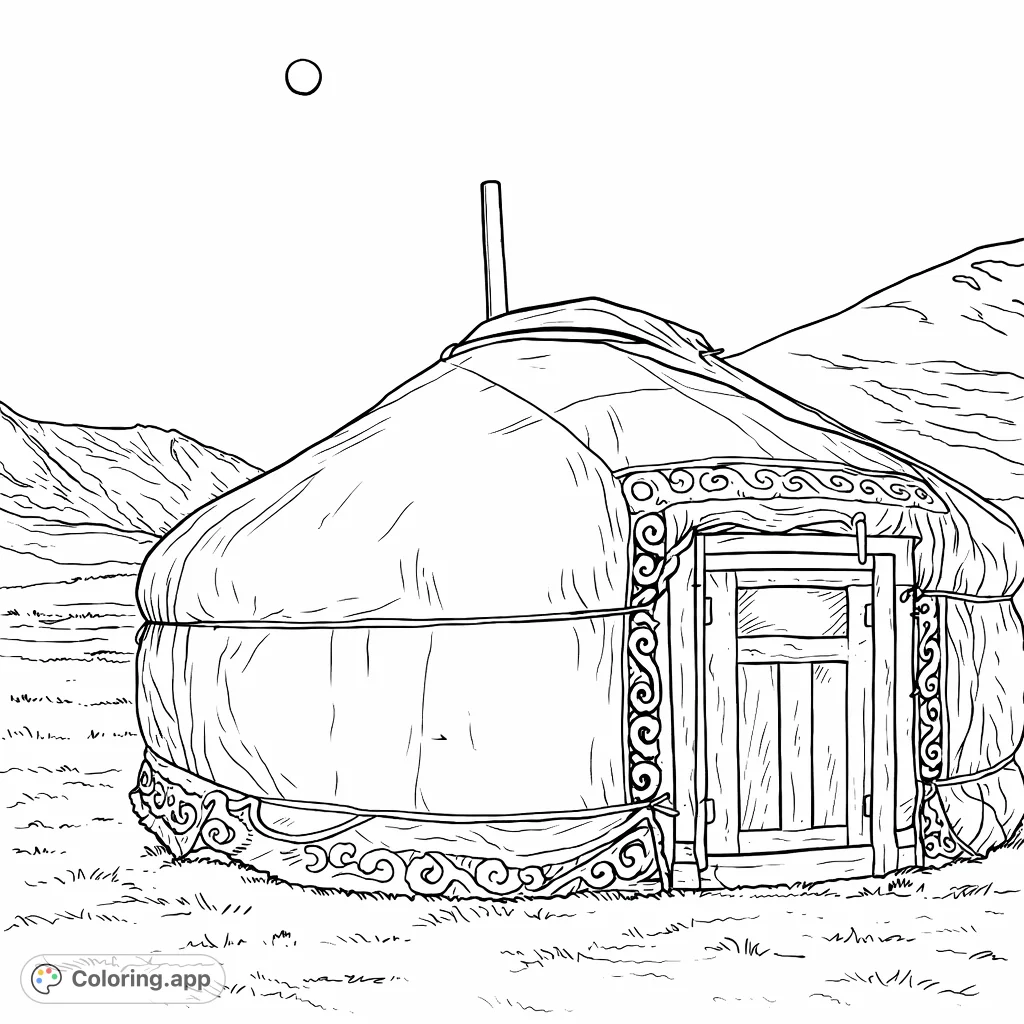 Discover a serene mountain yurt coloring page. Features a traditional dwelling with intricate patterns, set against a backdrop of distant peaks and an open sky.