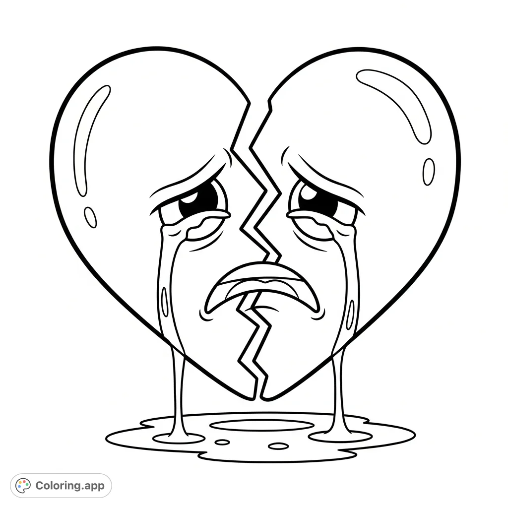 A dramatically crying broken heart cartoon, perfect for expressing big emotions. A free printable coloring page for kids and adults to color.