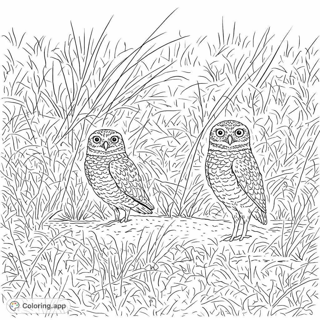 Discover two watchful burrowing owls amidst tall prairie grass. A detailed wildlife scene offering intricate feather patterns and natural textures for mindful coloring.