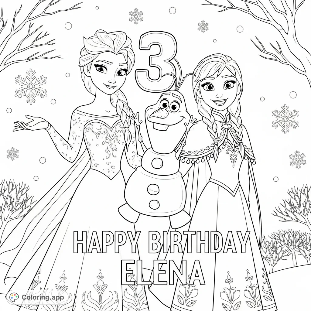 A delightful Frozen-themed coloring page featuring Elsa, Anna, and Olaf holding a number '2', with "Happy Birthday Emilia" text and snowy details.