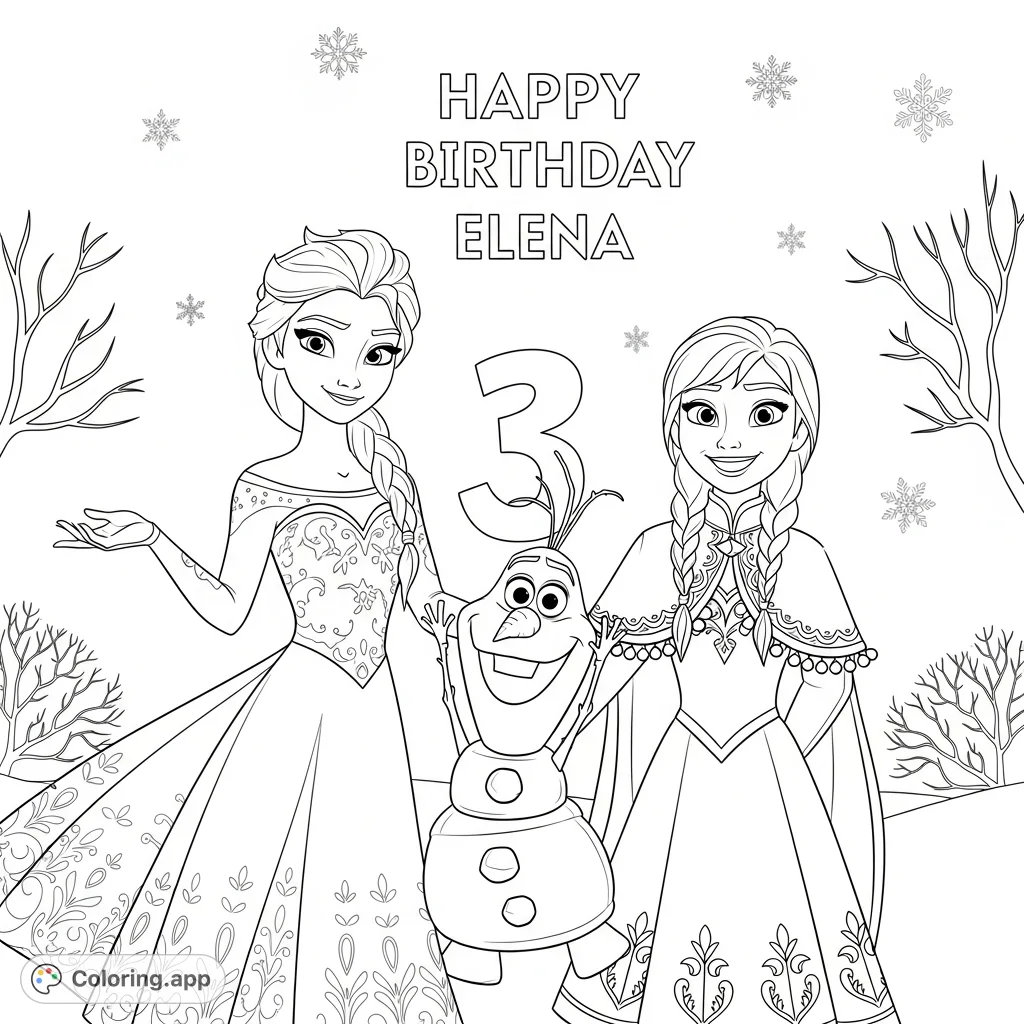 Join Elsa, Anna, and Olaf for a festive winter scene, complete with delicate patterns, cheerful Olaf holding a '2', and a special 'Happy Birthday Emilia' message.