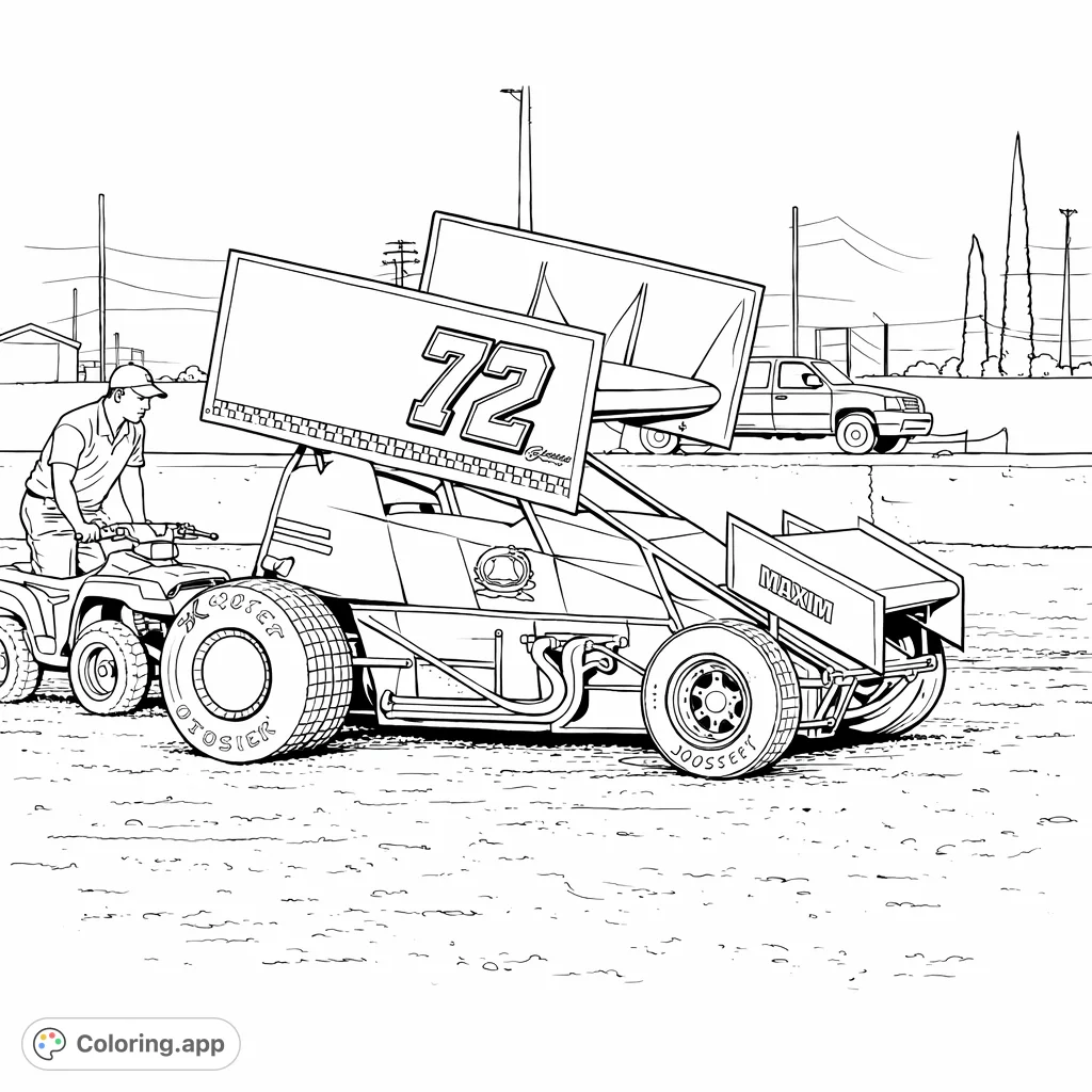 A detailed sprint car with number 72 at a pit area, accompanied by a bearded person on an ATV. This race-themed page is perfect for vehicle fans.