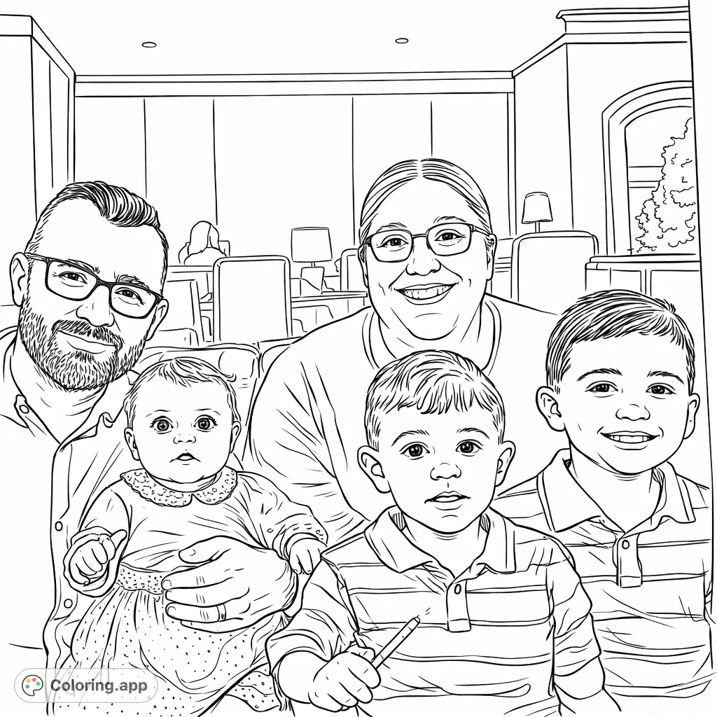 A heartwarming family portrait coloring page featuring two adults and three children, captured in a cozy indoor setting, perfect for personalization.