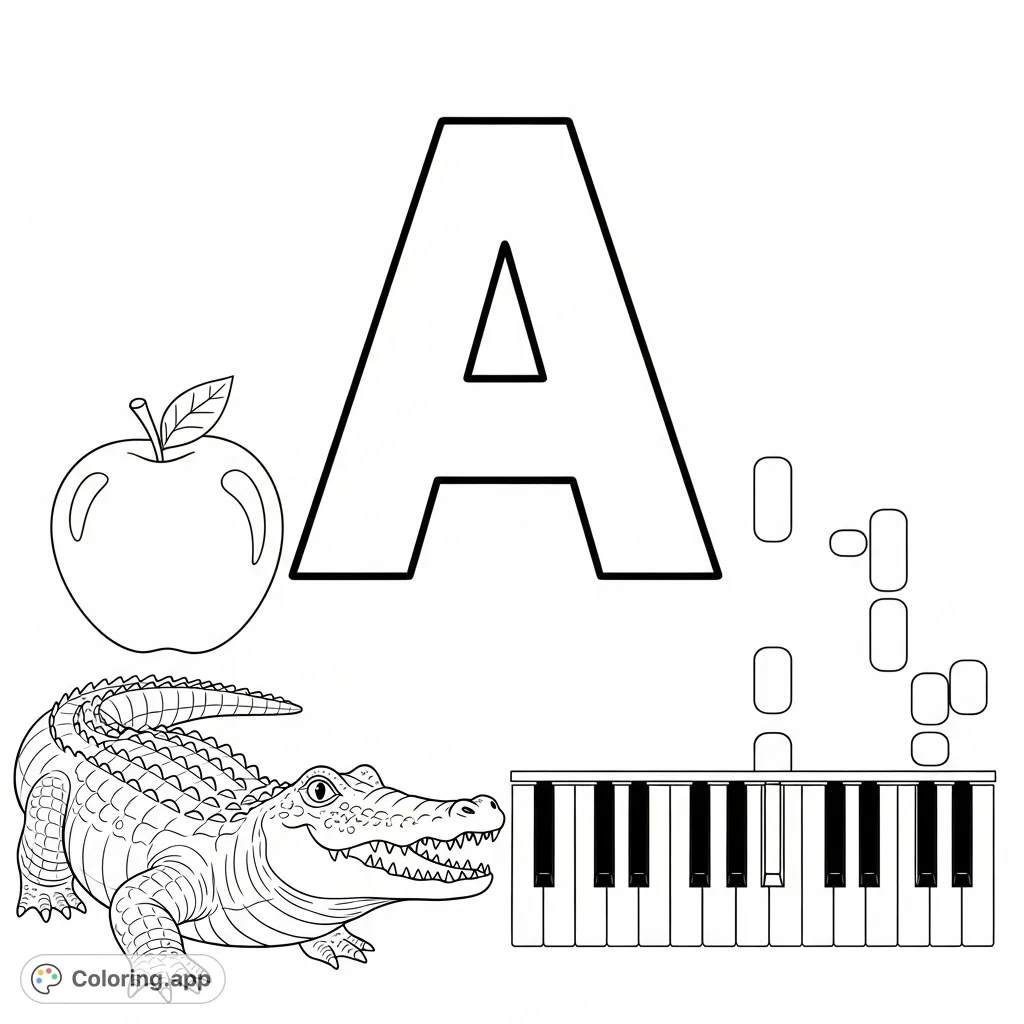Explore the letter A with a friendly alligator and a precise piano keyboard diagram. A fun, educational coloring page for learning and creativity.