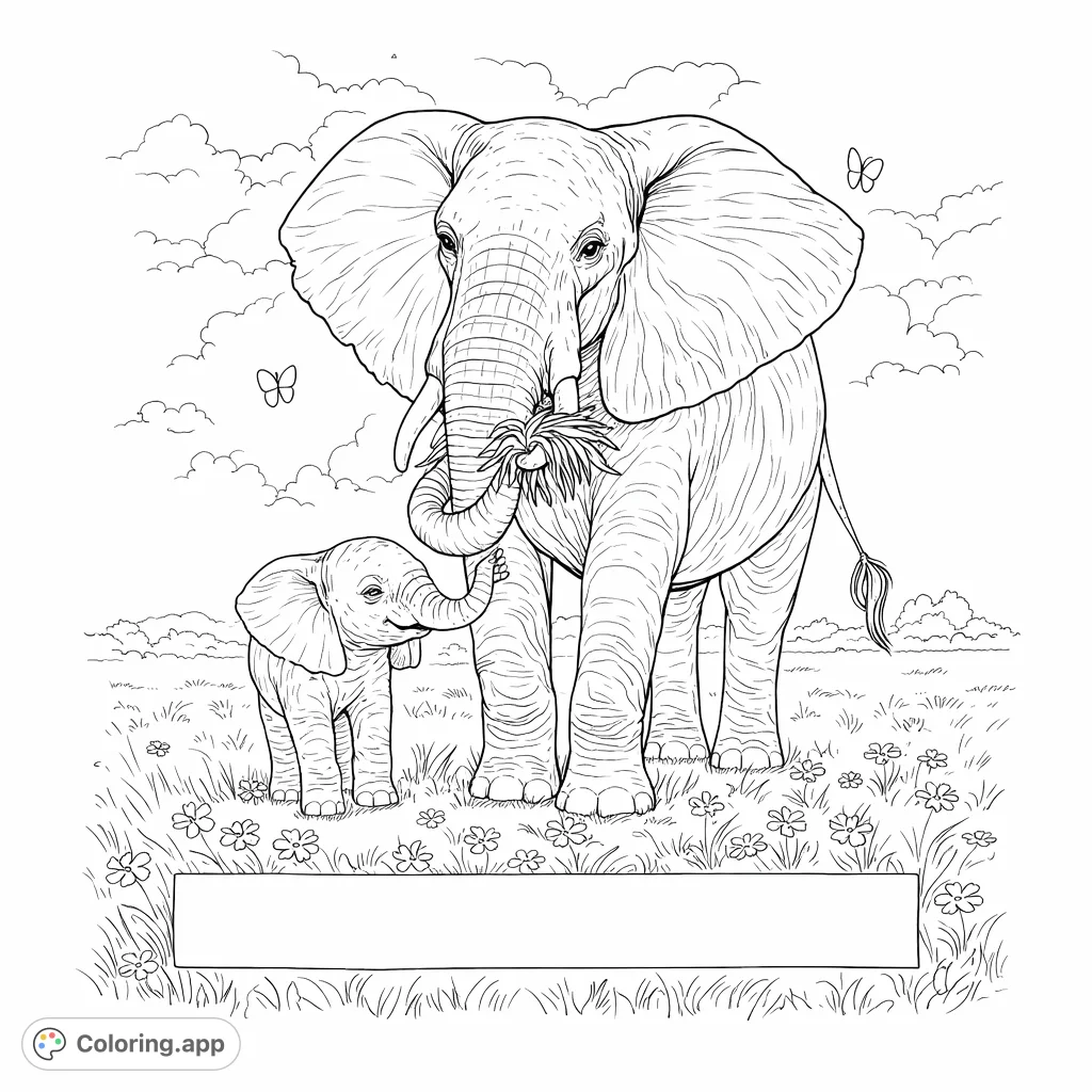 A heartwarming scene featuring a large elephant and its calf in a sunny meadow, surrounded by delicate flowers and fluttering butterflies. Perfect for animal lovers.