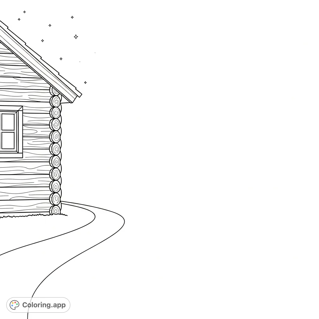 Discover a serene log cabin night coloring page. Features a rustic cabin wall, a simple window, and a winding path under a few subtle stars.