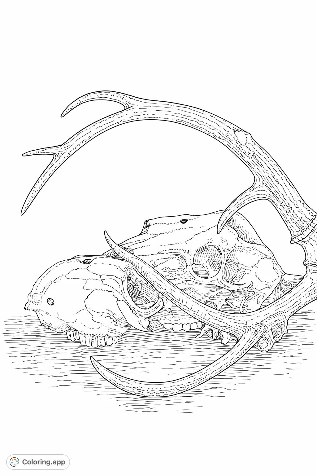 An intricate coloring page featuring two detailed animal skulls intertwined with robust antlers, resting on a textured surface. A challenging and rewarding design for advanced colorists.