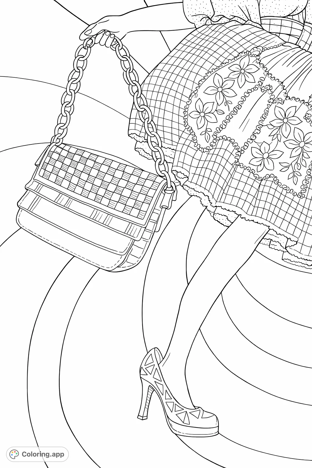 A highly detailed fashion ensemble coloring page featuring a person in motion, showcasing a stylish handbag, patterned dress, and geometric high-heeled shoe against a dynamic abstract background.