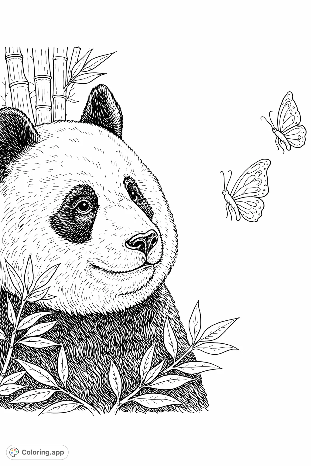 Discover a highly detailed panda coloring page featuring a gentle panda amidst bamboo, with delicate butterflies. A free printable coloring page perfect for all ages.