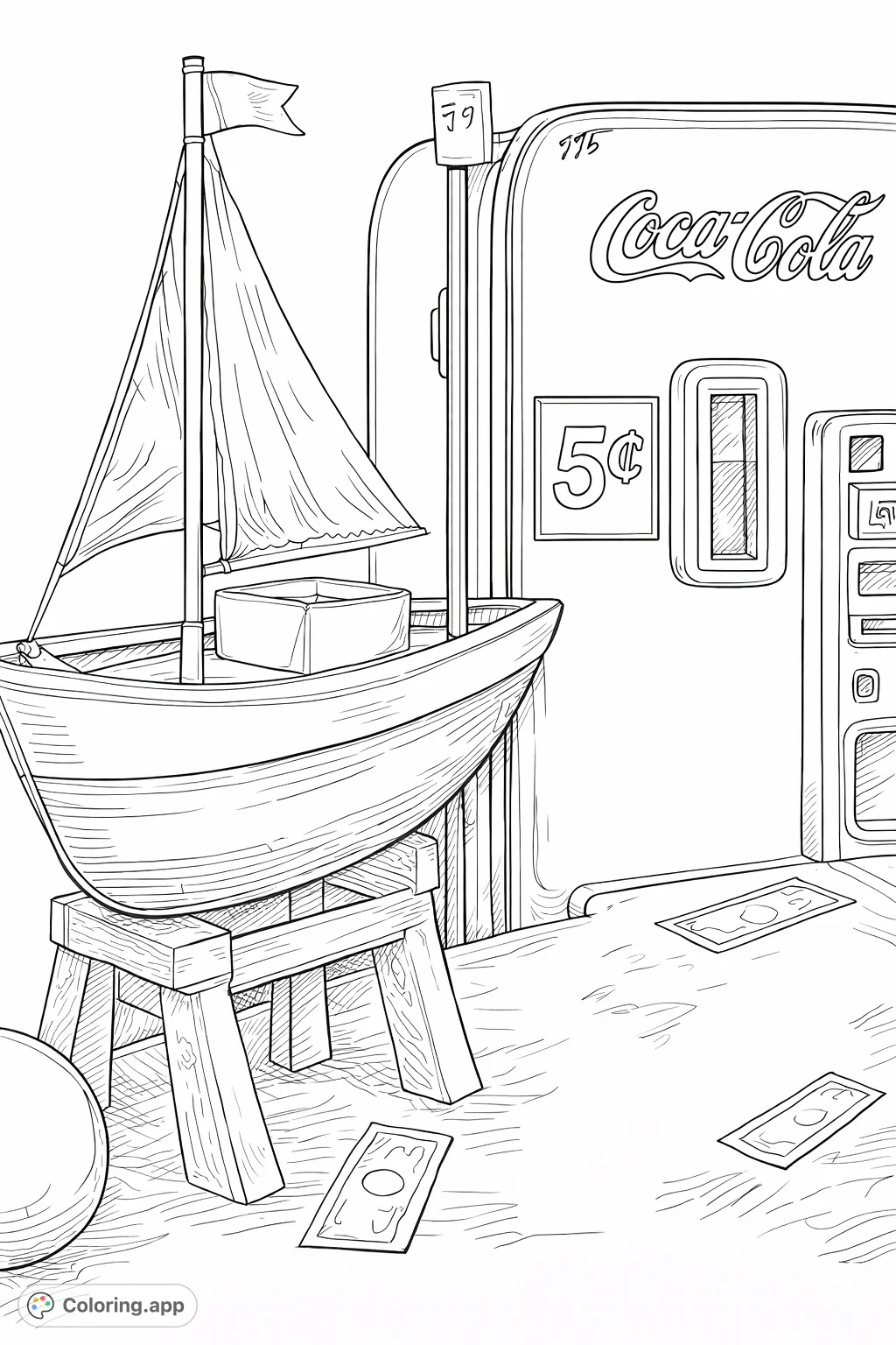 Step back in time with this highly detailed vintage vending machine and sailboat scene, a challenging yet rewarding coloring page for nostalgic enthusiasts.