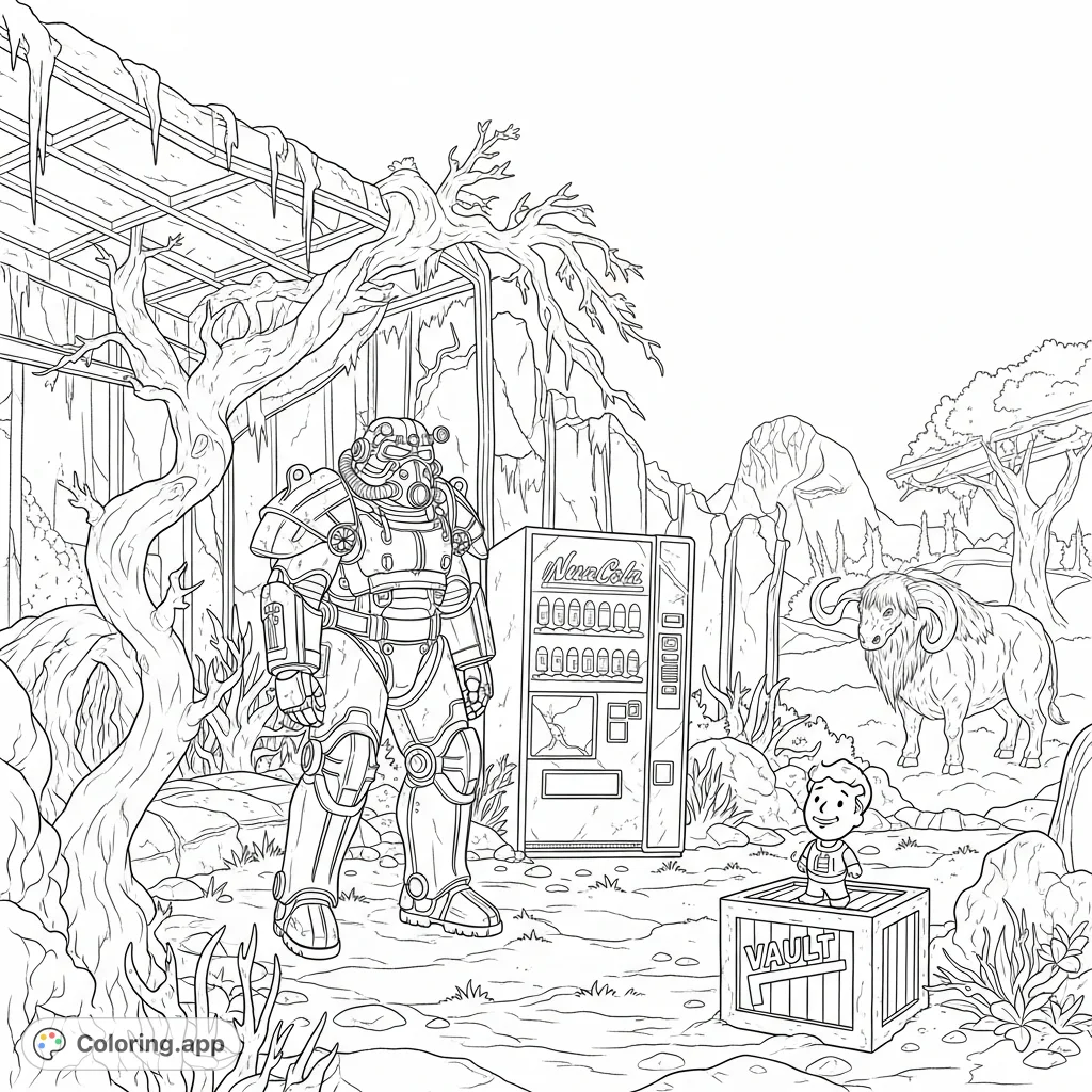 Explore the iconic post-apocalyptic world of Fallout 76 with this detailed coloring page, featuring Power Armor, Vault Boy, and desolate ruins.