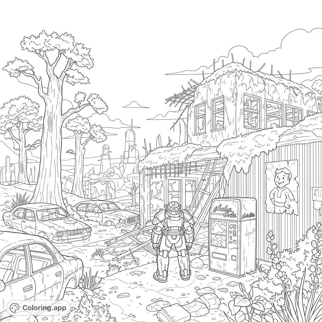 Explore a detailed Fallout 76 wasteland scene with iconic power armor, Vault Boy, and ruined structures. A perfect free printable coloring page for fans.