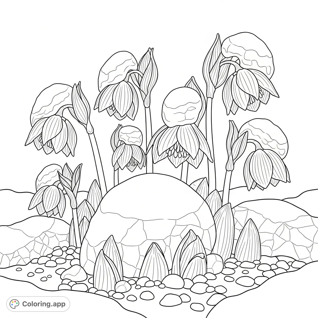 Discover a serene scene of delicate flowers emerging from melting snow, symbolizing renewal. A beautiful nature coloring page for tranquil moments.