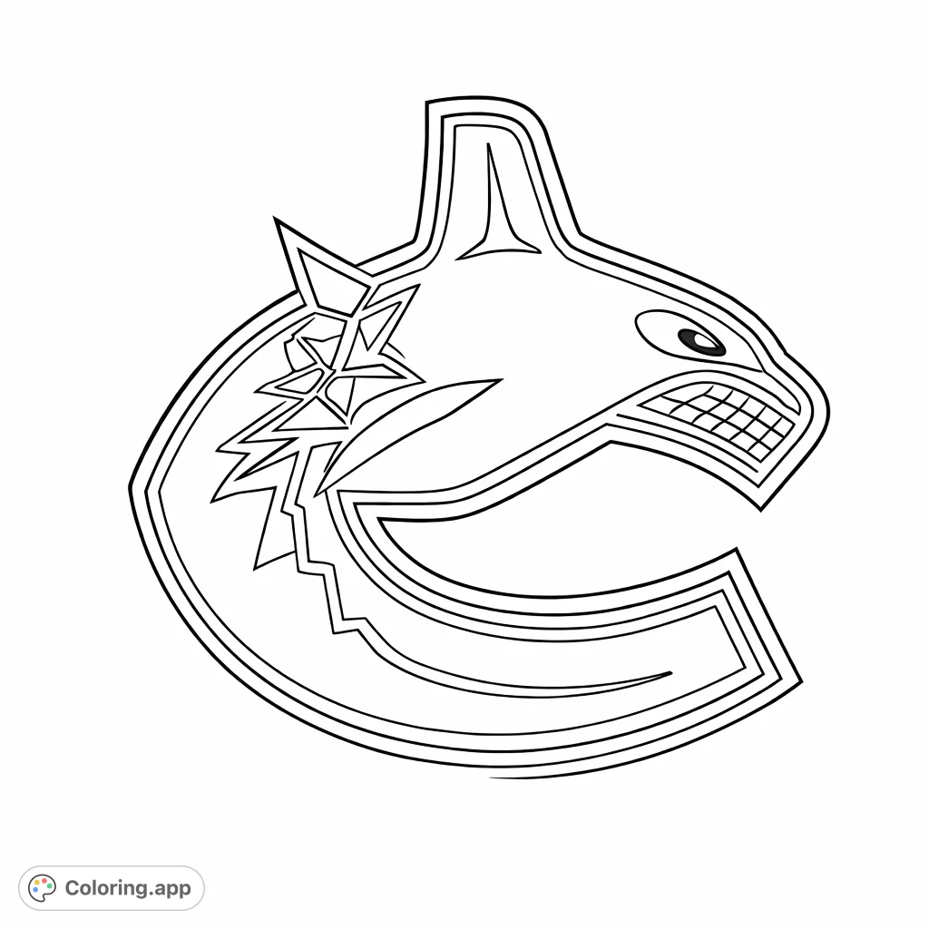 Color a powerful stylized orca bursting from a 'C' emblem, featuring indigenous art elements and dynamic fractured shapes. Perfect for sports fans.