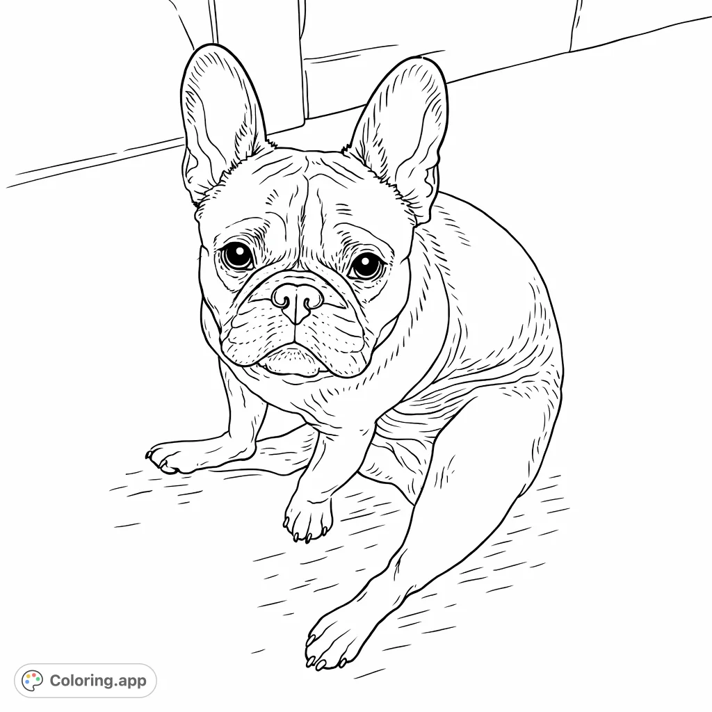 Discover this charming French Bulldog coloring page! A detailed portrait of a delightful canine companion, perfect for animal lovers of all ages.