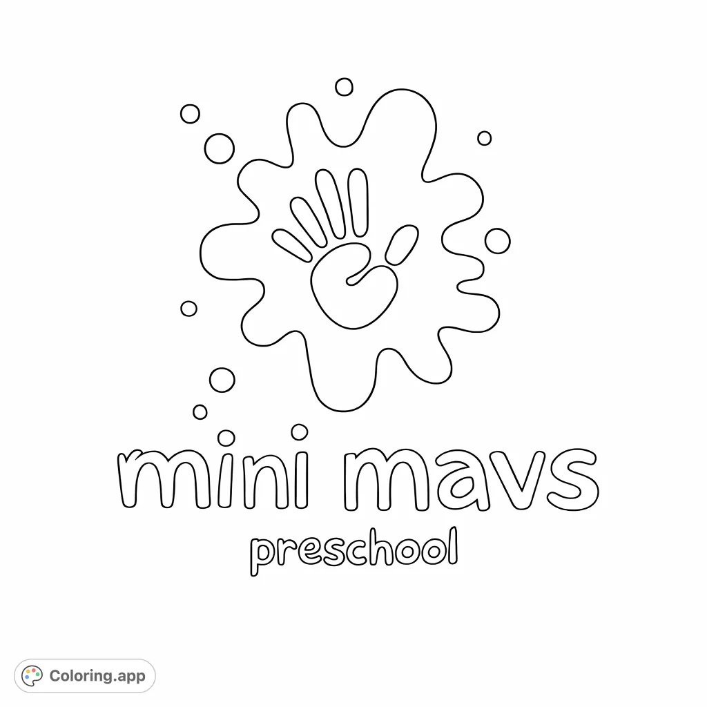 A fun coloring page featuring a splat, two handprints, playful dots, and "mini mavs preschool" text, perfect for young learners to personalize and enjoy.