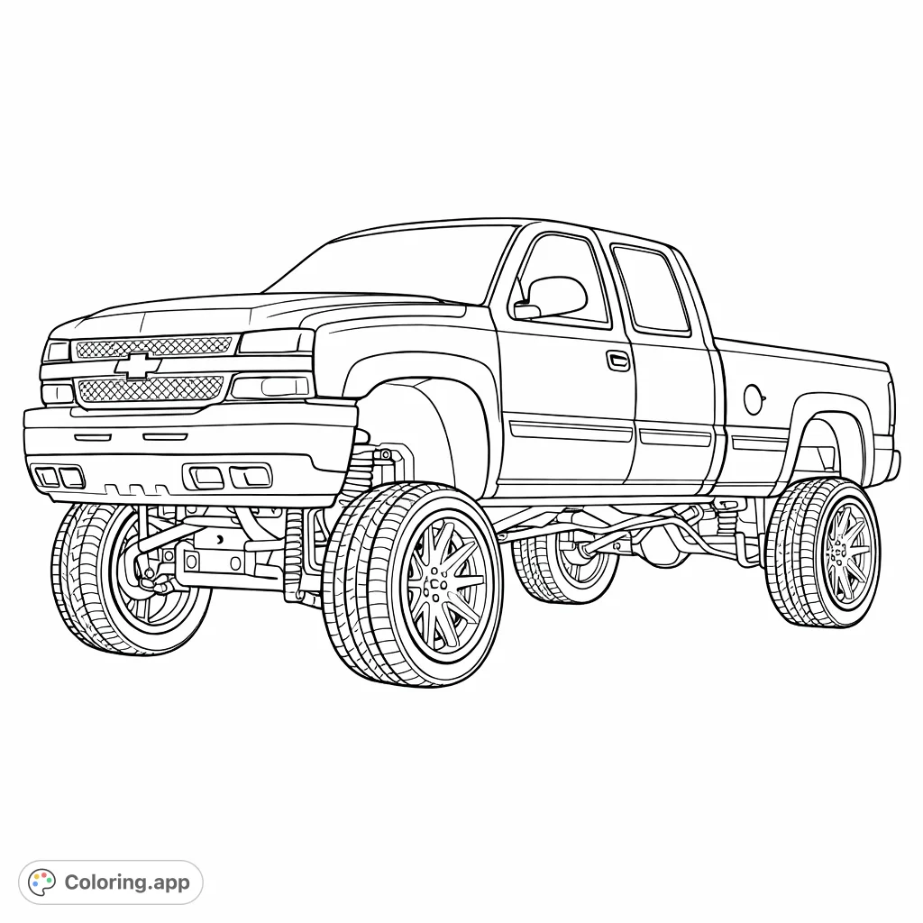 Unleash your creativity on this detailed lifted pickup truck. Featuring massive wheels, custom suspension, and intricate bodywork, it's perfect for truck enthusiasts.
