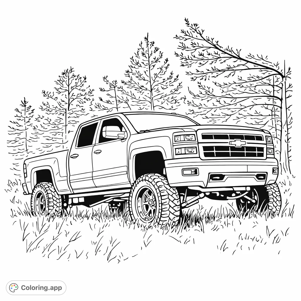 Color a robust, lifted pickup truck with massive tires, navigating through tall grass. Perfect for enthusiasts of off-road vehicles and detailed automotive designs.