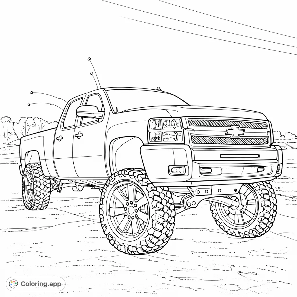 Color a powerful lifted pickup truck with massive tires and detailed features. Perfect for vehicle enthusiasts to bring their dream ride to life.
