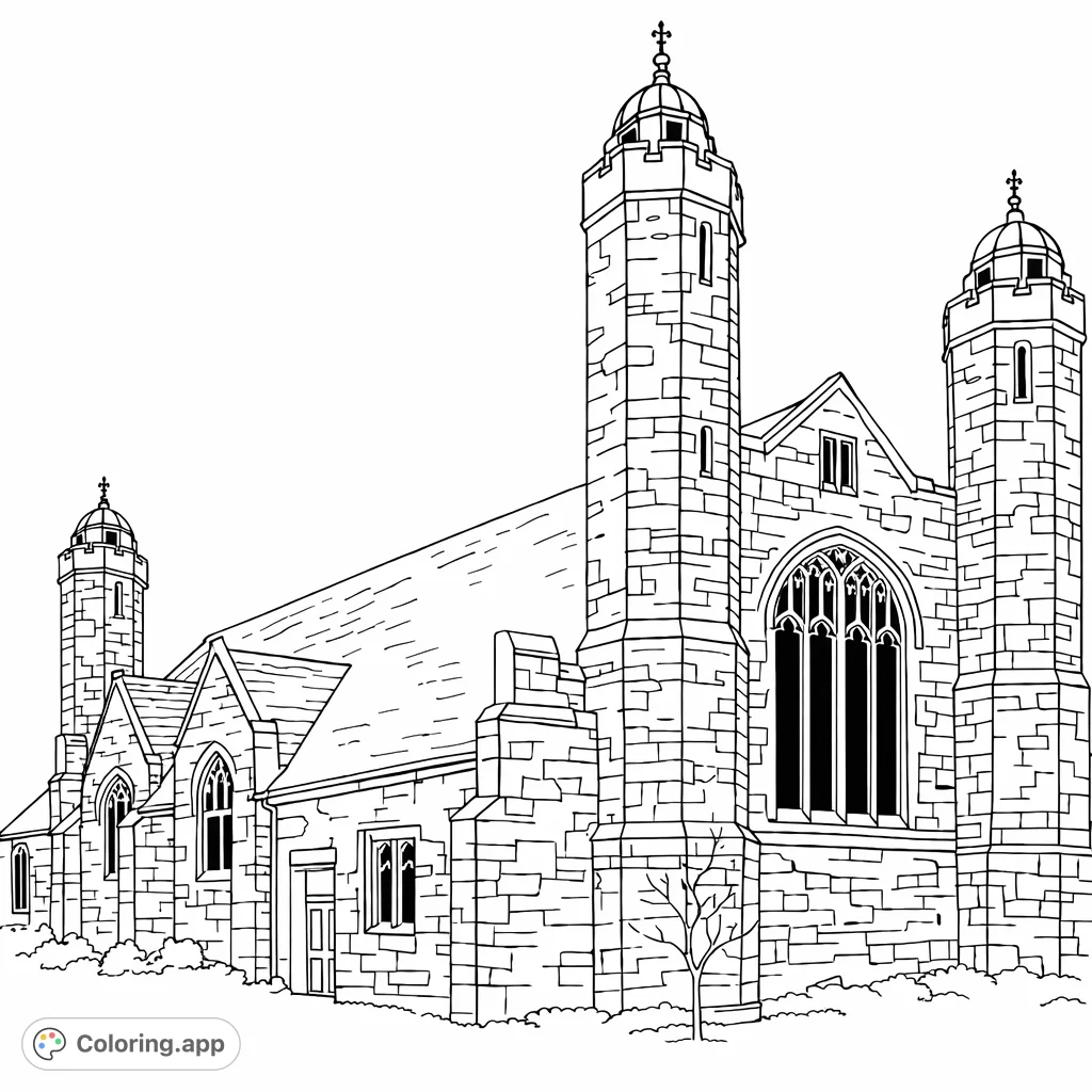 Discover this grand stone building coloring page, featuring impressive towers, intricate windows, and textured walls. A captivating architectural challenge for all ages.