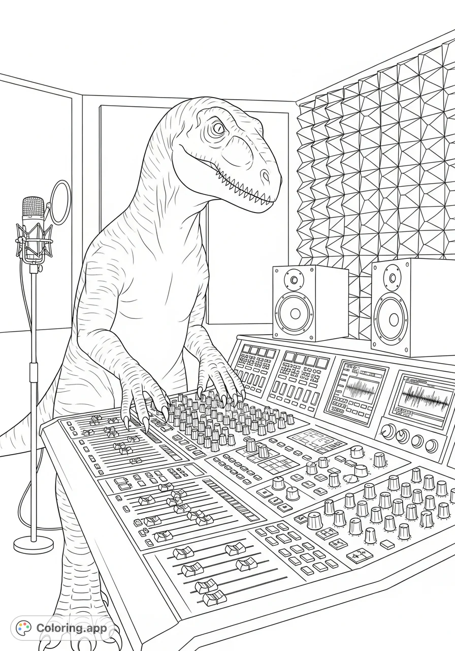 A unique dinosaur audio engineer working diligently at a complex mixing console, set in a detailed recording studio. Perfect for dinosaur and music lovers.