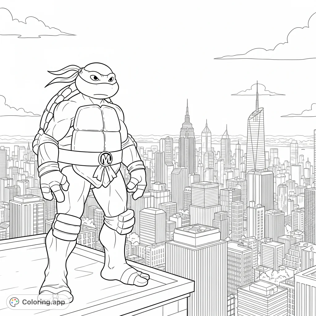 A heroic Teenage Mutant Ninja Turtle watches over a sprawling cityscape under a clear afternoon sky. A dynamic TMNT coloring page for adventure fans.
