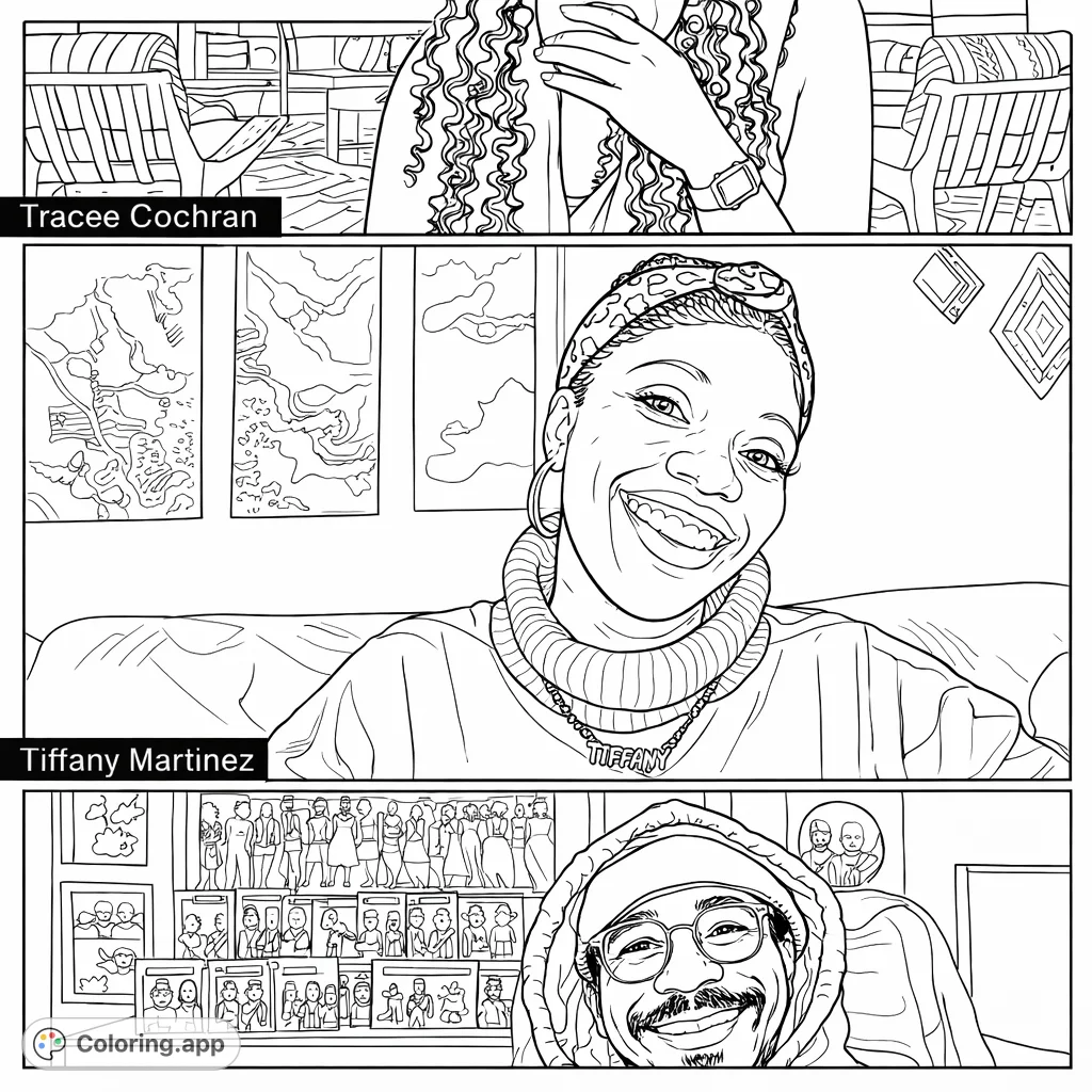 Capture the essence of connecting with others in a video call. This coloring page features three distinct frames, each with a unique individual, perfect for personalizing.