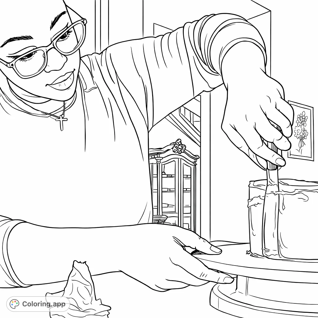 A detailed baking coloring page showing a focused person decorating a cake with precision. Perfect for culinary enthusiasts and those who appreciate creative hobbies.